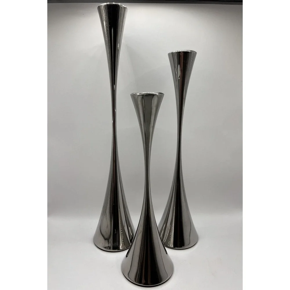 Set of 3 Crate and Barrel Arden Stainless Steel 18/0 Candlesticks Robert Welch